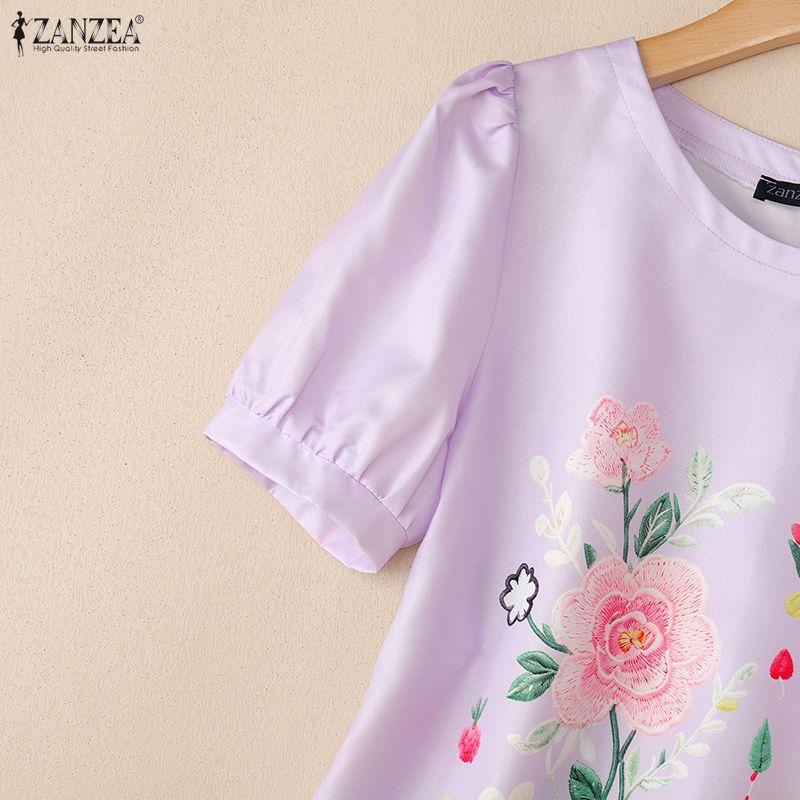 ZANZEA Women Casual Round Neck Short Sleeve Floral Print Blouse