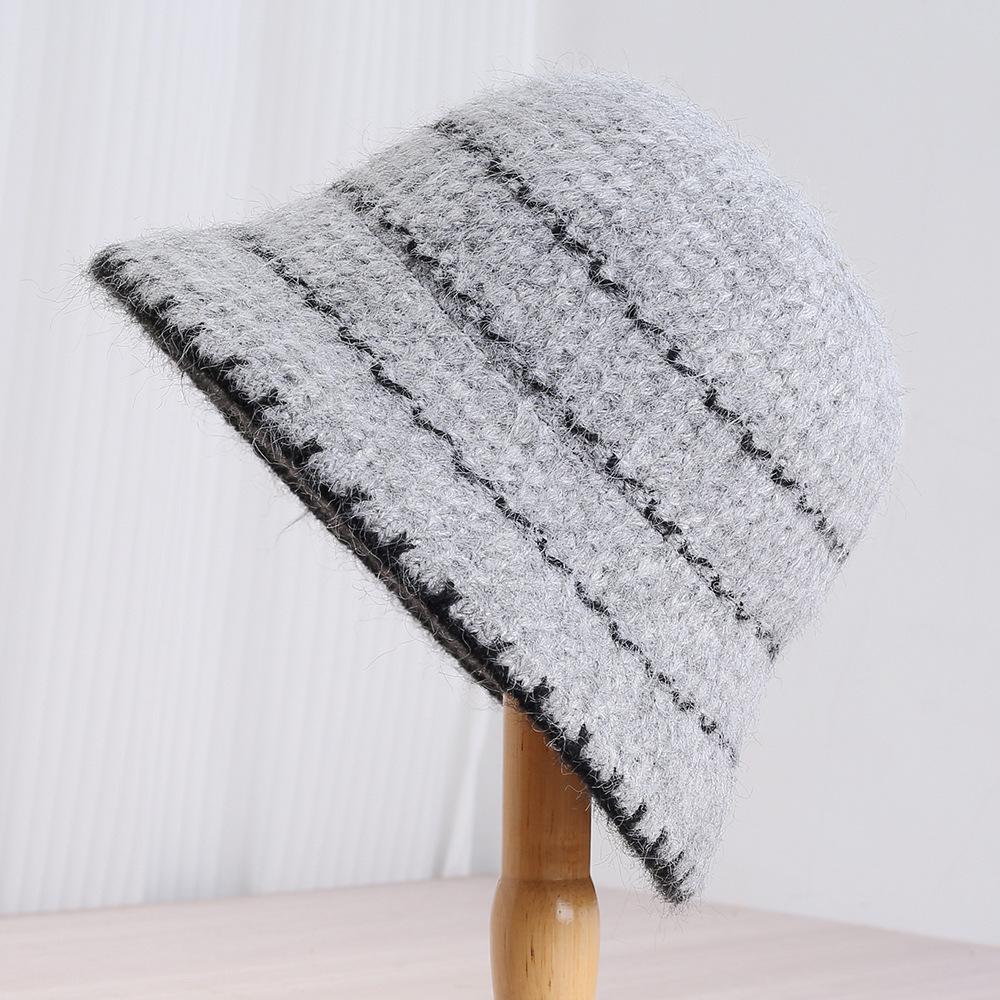 Ins Autumn and Winter Knitted Bucket Hat Retro Striped Woven Hat Women's Versatile Face Small Bucket Hat Basin Hat