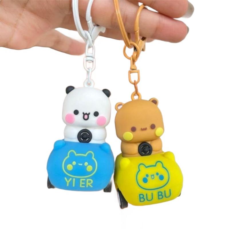 Cute Panda Bubu Yier Keychain Cartoon Panda Bubu and Dudu Driving A Small Car Modeling Keychain Backpack ornament Keychain Gift