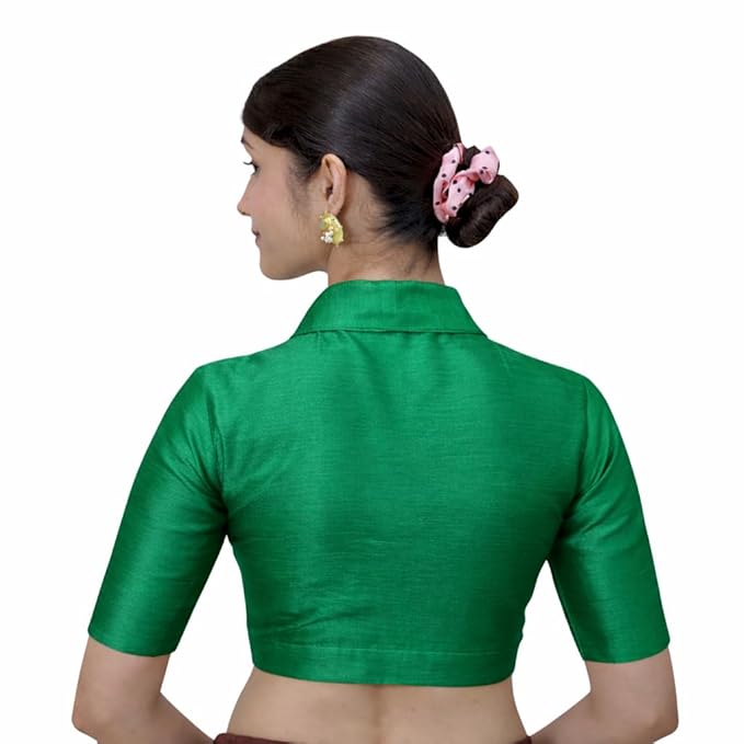 Women’s Solid Collar Neck Readymade Saree Blouse | Front Open Non Padded | Half Sleeve Art Silk Blouse