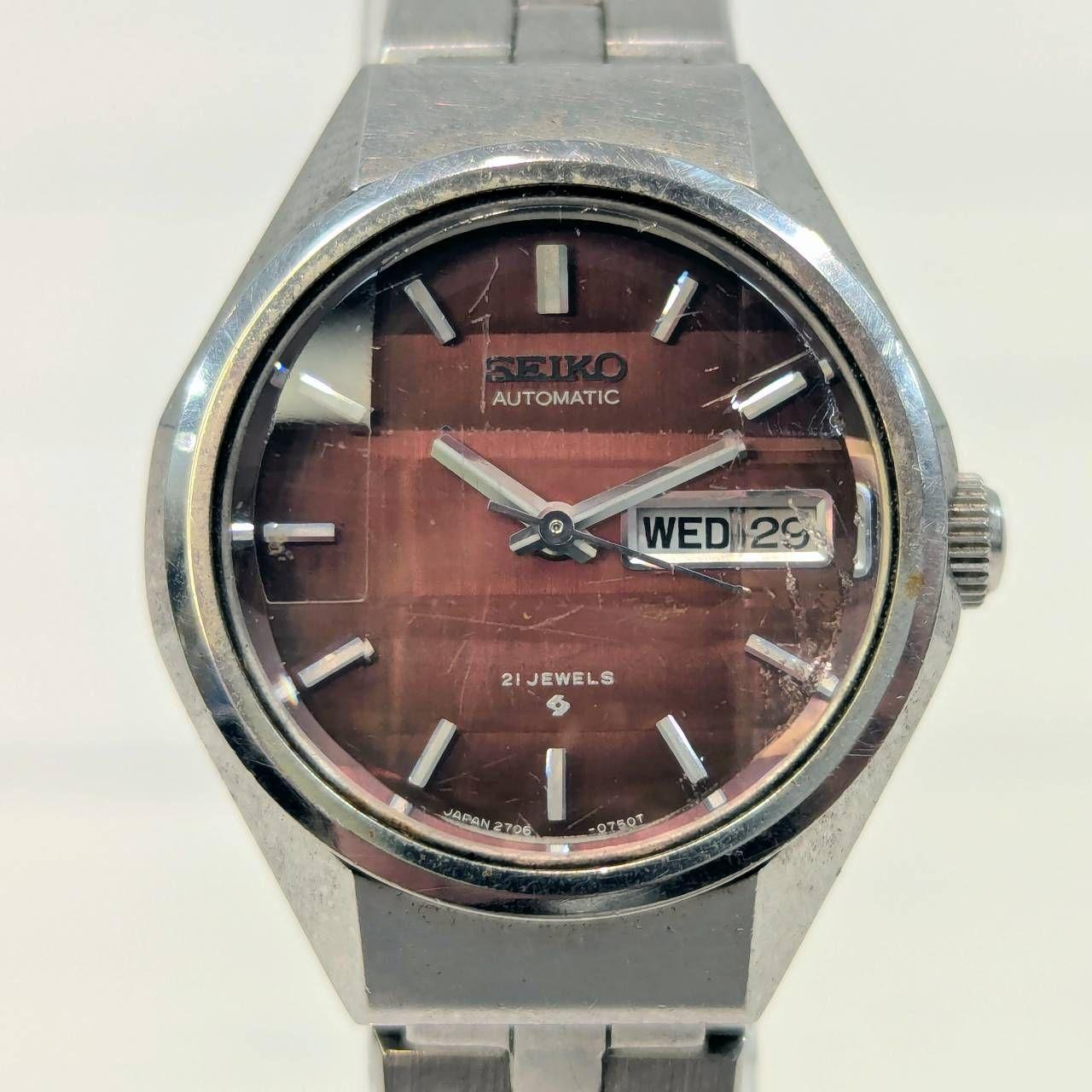 [Salt] Domestic Vintage SEIKO Ladies Automatic Watch Cut Glass Color Dial (Wine Red) Day Date Calendar 21 Jewels 2700-0250 [23802MO] E30