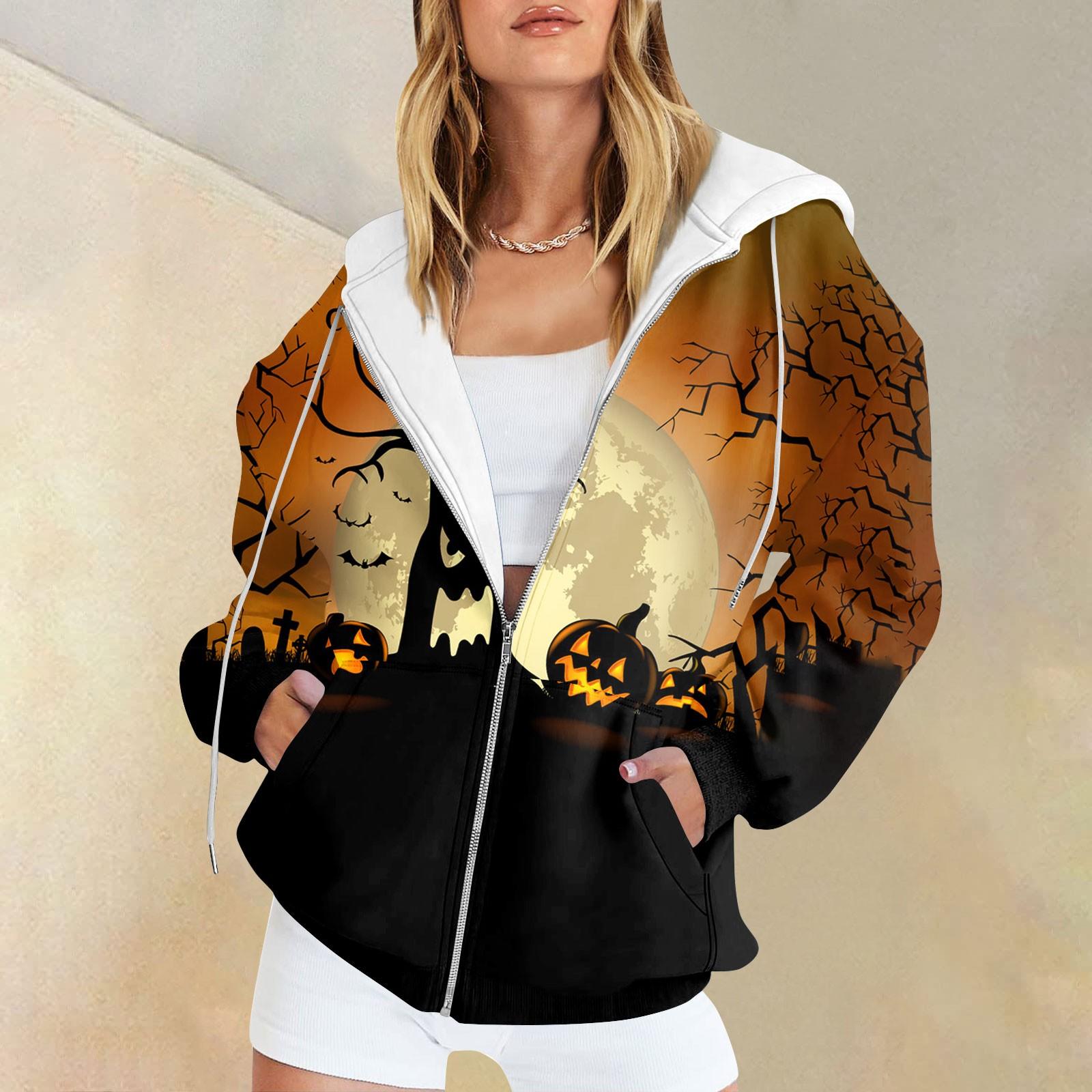 

Женская мода повседневная толстовка с принтом на Хэллоуин осень-зима с длинным рукавом кардиган с карманами на молнии куртка с капюшоном M
