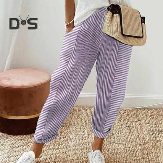 Damen Freizeithose Elastische Taille Mittelhohe Sommer-Jacquard-Lange Hose mit Taschen Streifenmuster Locker sitzende Hose