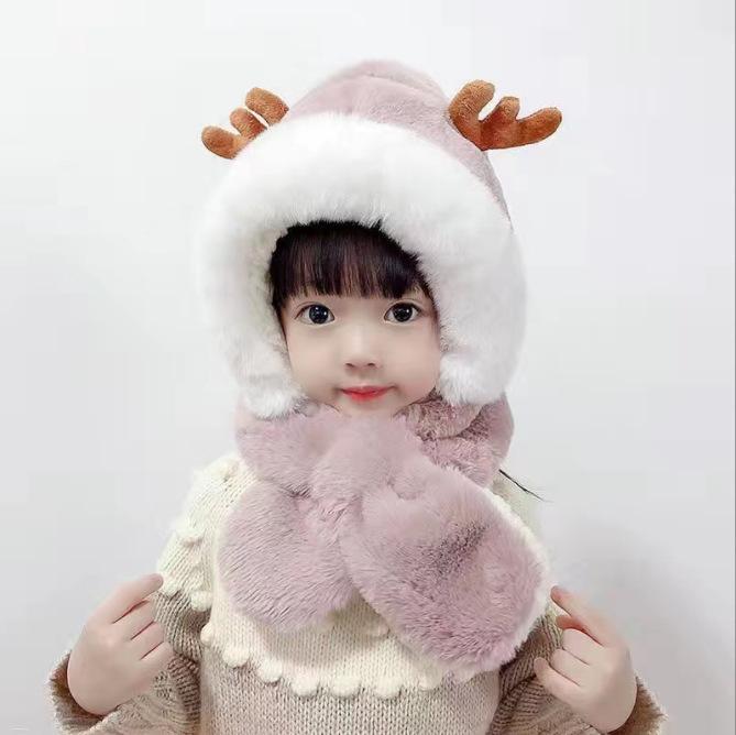Autumn and Winter Children's Scarf Integrated Baby Plush Cute Boys and Girls Scarf Ear Cap Winter Plush Baby