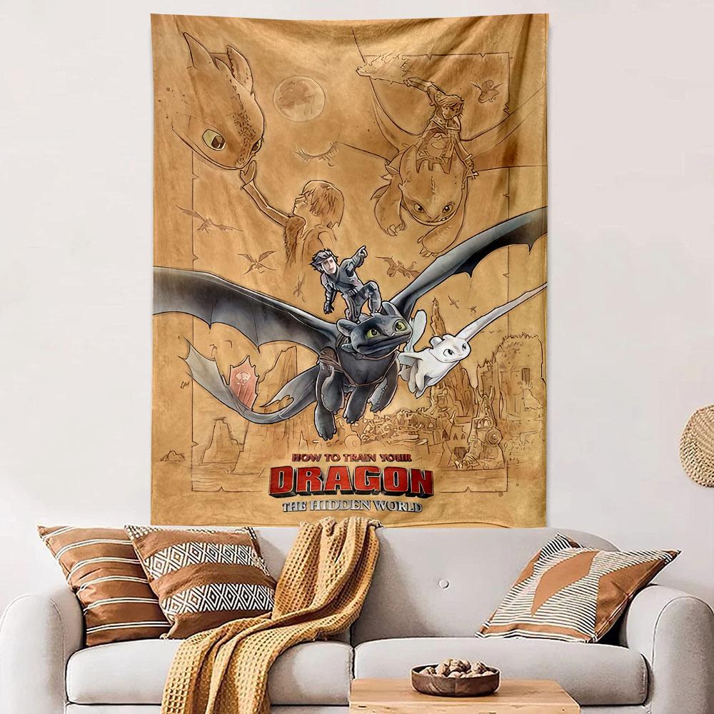 How to Train Your Dragon Hidden World Poster Tapestry Wall Hanging, Dragon Family Flight Art, Fantasy Wall Decor for Bedroom