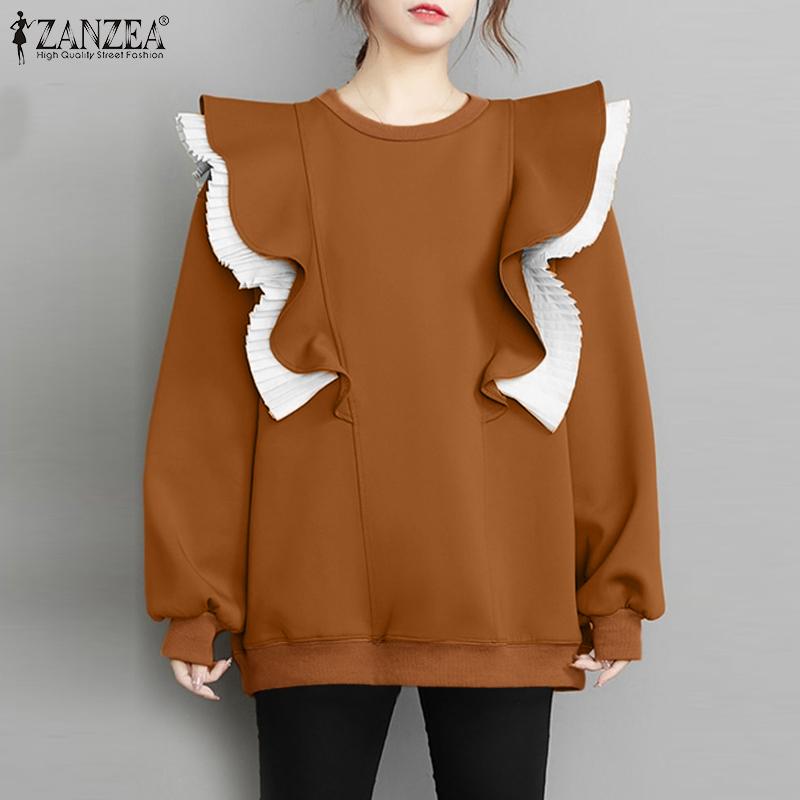 

ZANZEA Женский повседневный пуловер с круглым вырезом и длинными рукавами с оборками