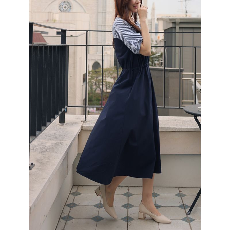 Dongdaemun Plus Size Women's Clothing Chubby Girl round Neck Stripes Short Sleeve Stitching Short Sleeve Mid Length Long Length Waist Tight Dress Tide