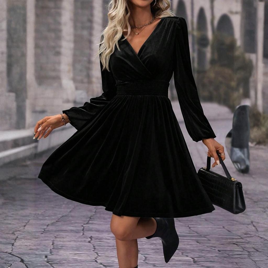 Damen Modisches Einfarbiges Langarm V-Ausschnitt Pullover Freizeitkleid