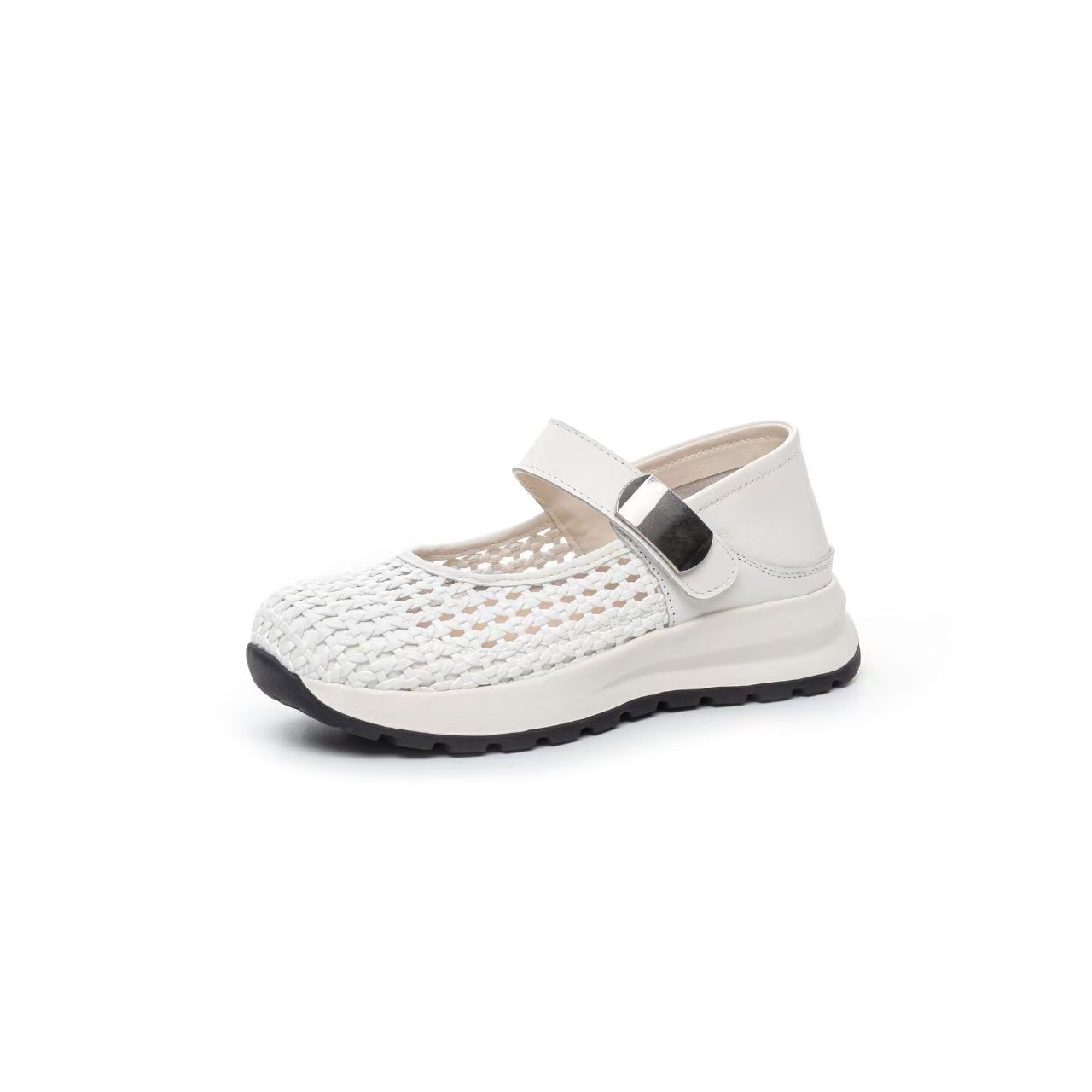 

Baotou sandals women s summer new first-layer cowhide thick-soled woven hollow belt buckle Mary Jane casual shoes 35 серебряный