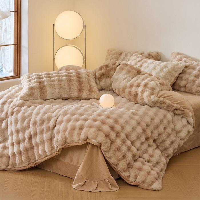 Rabbit Fleece Four-Piece Light Luxury Thickened Milk Fleece Bed Warm Double-Sided Fleece Quilt Cover Mattress Model