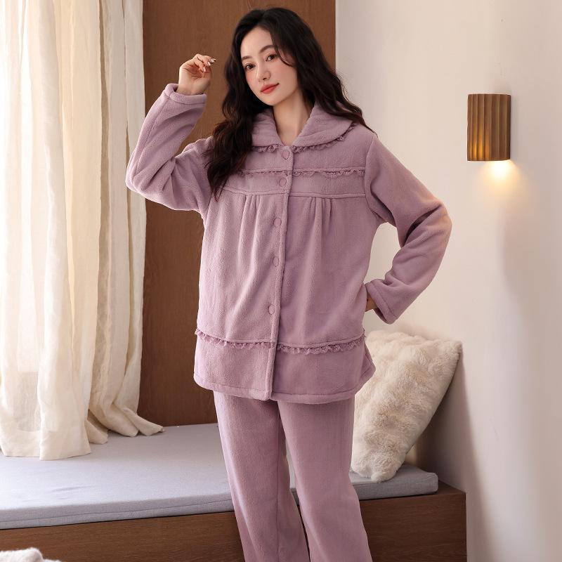 Ensemble de Pyjama d'Hiver en Flanelle pour Femme - Cardigan Mignon, Manches Longues, Vêtement d'Intérieur Chaud et Confortable