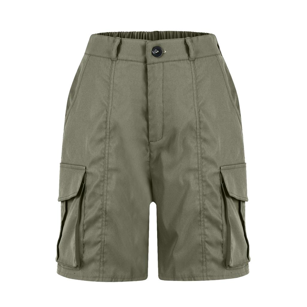 Bermuda Shorts For Women Cargo Shorts Knee Length 6 Pockets Elastic Waist Long Shorts For Summer Casual