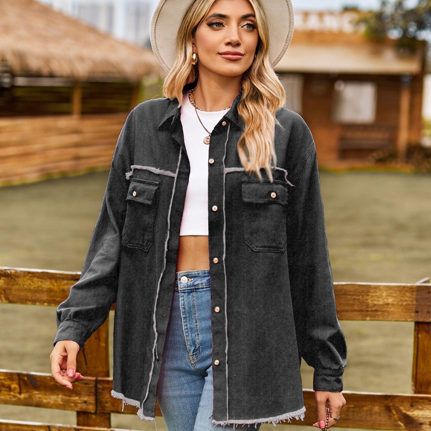 

Женская модная джинсовая осенне-зимняя повседневная куртка-поло с длинными рукавами и воротником с лацканами XL чёрный