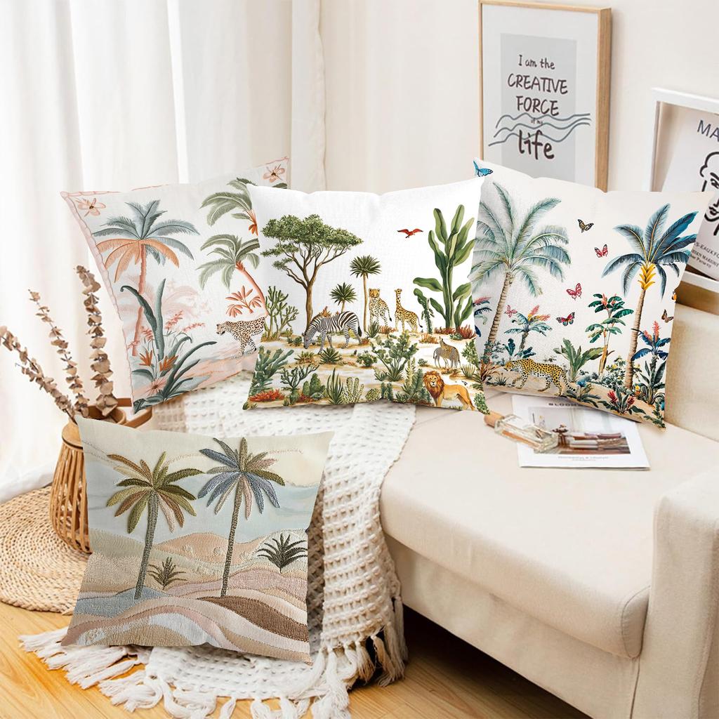 2D Flat Printing Palm Tree And Animal Pattern Cushion Covers Polyester Pillowcase, Sofa Decorative Cushion Cov Headboard Pillow