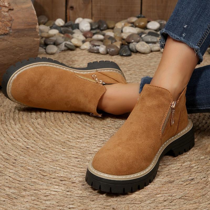 Plus-size Shoes, Double Zipper Thick-soled Boots, Women's Short Boots with Round Heads, Thick Heels and Bare Boots