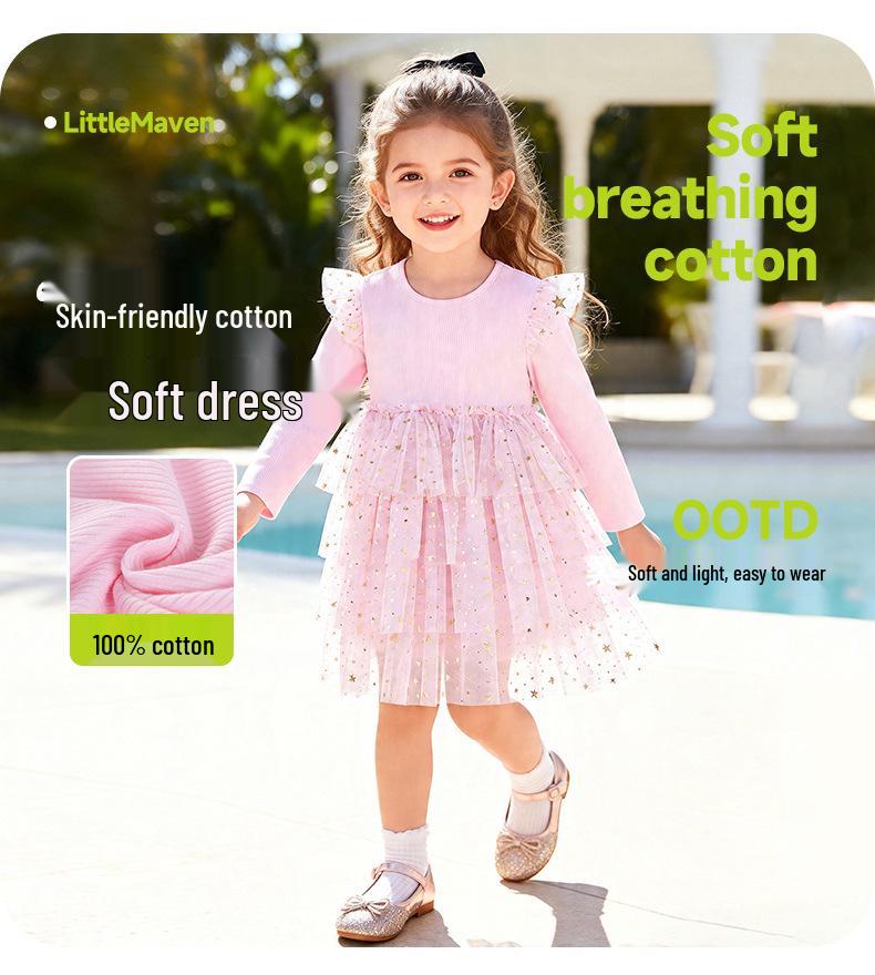 Little Maven Autumn Girls' Long Sleeve Princess Dress with Mesh Skirt