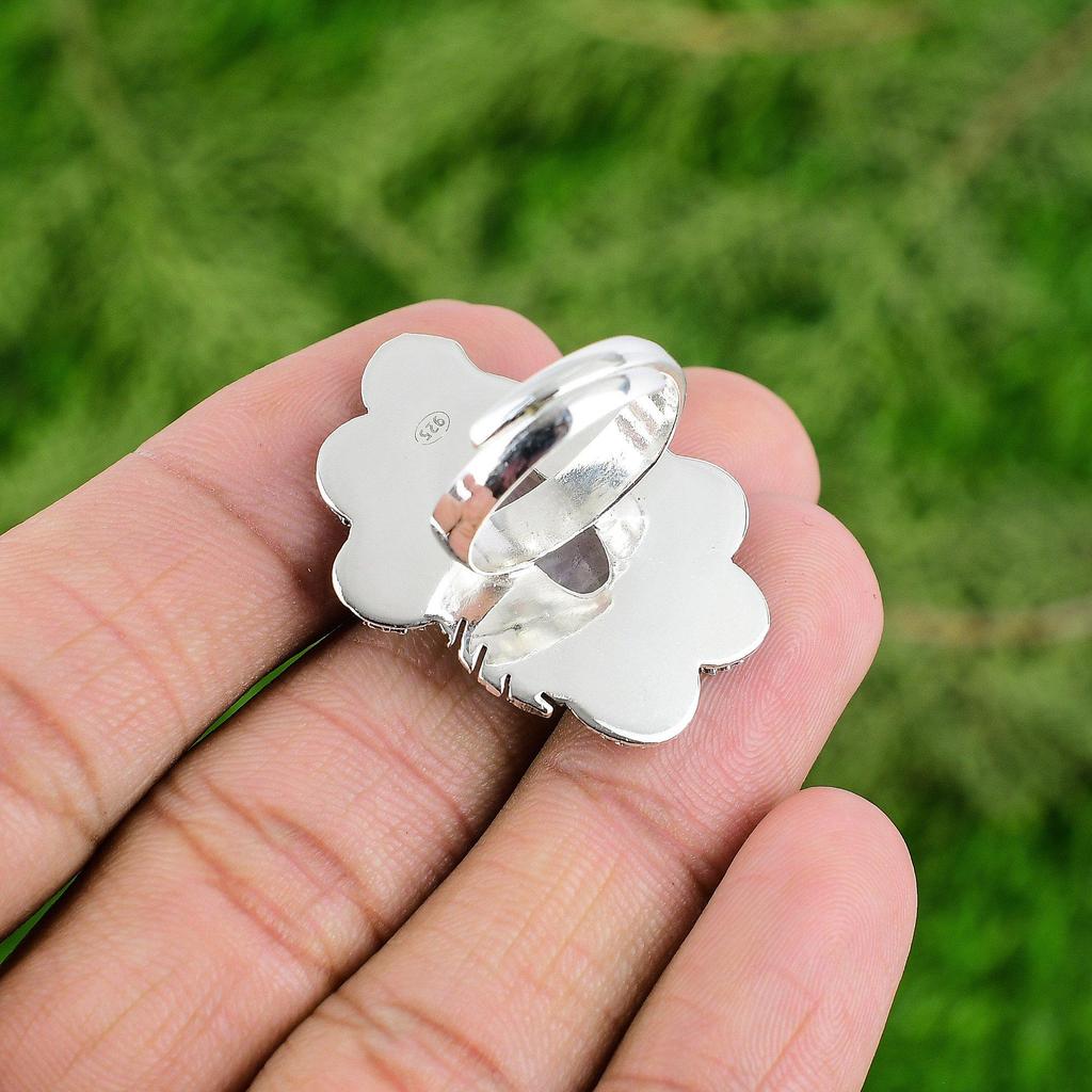 Natural Rainbow Moonstone Statement Flower White Adjustable Ring 925 Silver
