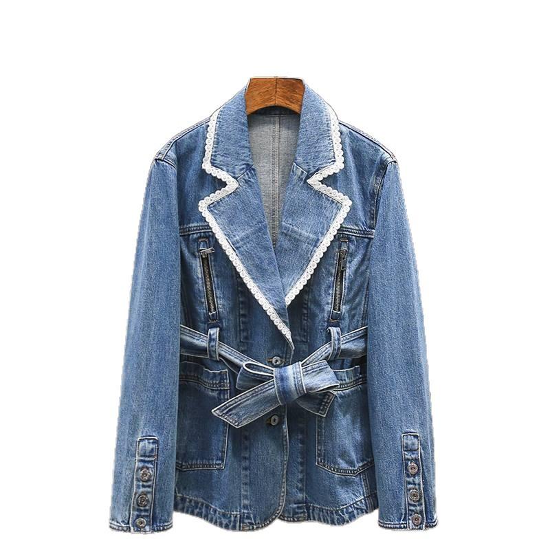 European Station Spring and Autumn New Top Denim Lapel Splicing Lace Edge Design Lace Up Women's Medium and Long Jacket