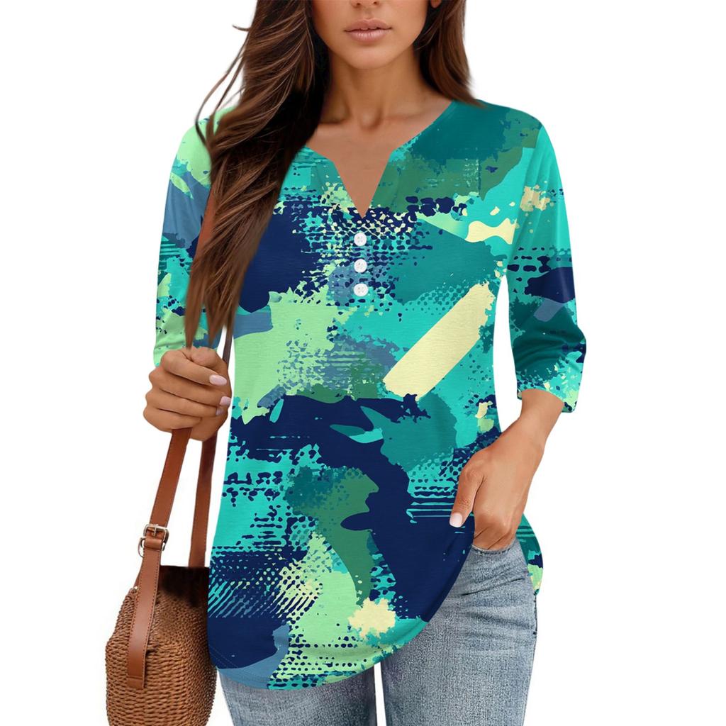 Damen V-Ausschnitt Freizeit Dreiviertelarm Knopf-Detail Top mit Blumenmuster
