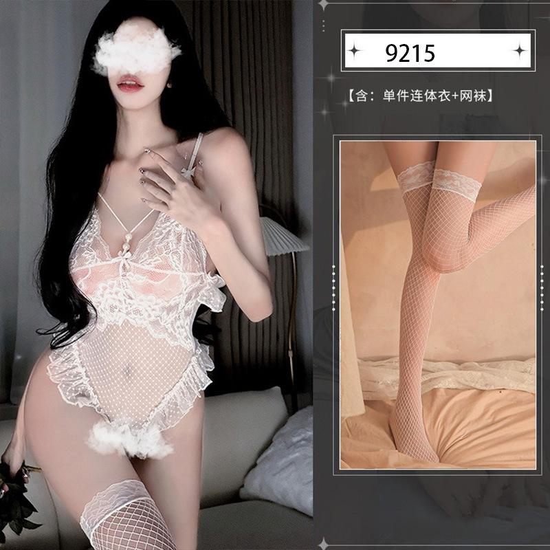 Sex underwear sexy perspective one-piece, free-to-take open couple deep V suspender sex suit hot