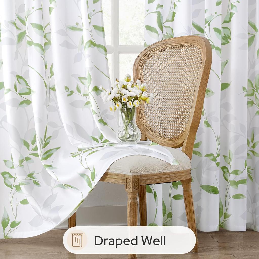Green and White Privacy Sheer Curtains Length 2 Panels,Leaf Floral Printed Light Filtering Semi Sheer Window Curtains Drapes for