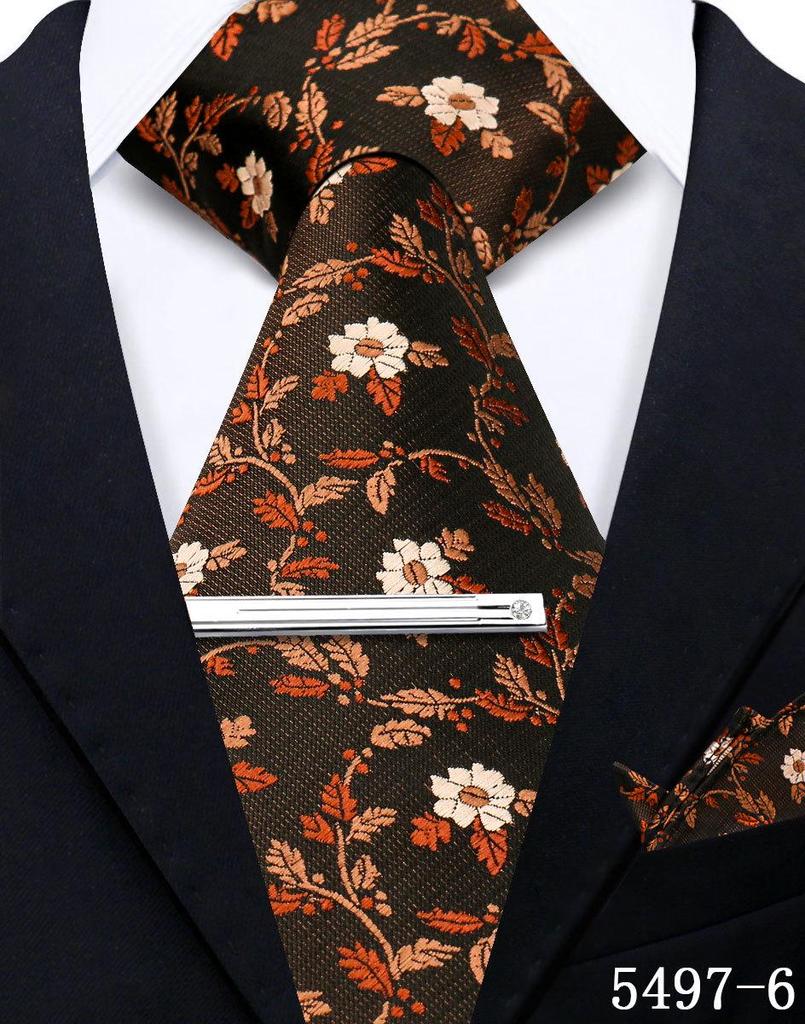 Men's Retro Floral Tie, Pocket Square & Tie Clip Set for Weddings