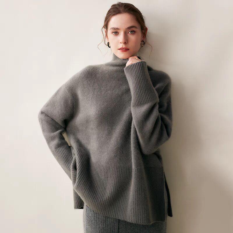 New split-ended loose-knit pullover solid-color turtleneck loose autumn and winter women's sweater