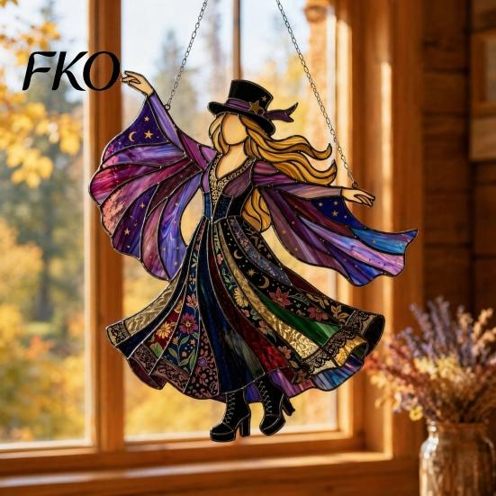 Broom Witch Acrylic Ornament Vintage Halloween Cat Decoration, Window Hanging Ornaments, Colorful Decoration Rustic Farmhouse Tree Decor, Party