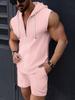 Men's Summer Hooded Two-Piece Set, Zip-Up T-Shirt Vest and Plaid Shorts Casual Outfit, Sleeveless Sportswear Tracksuit