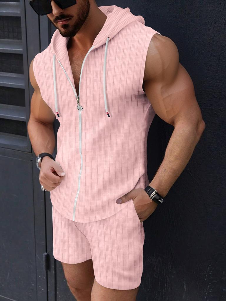 Men's Summer Hooded Two-Piece Set, Zip-Up T-Shirt Vest and Plaid Shorts Casual Outfit, Sleeveless Sportswear Tracksuit