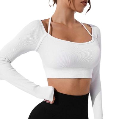 New Threaded Yoga Long Sleeve Top For Women, Yoga Tight Fitness, Neck Hanging, Slimming Fitness Top For Women