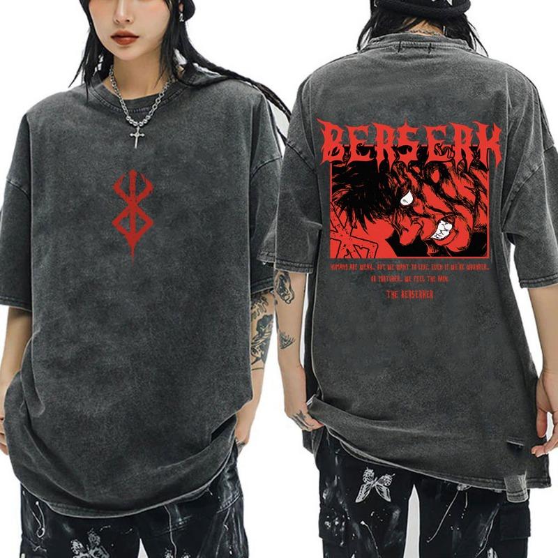 Anime Berserk Guts Vintage Washed T Shirt Manga Gatsu Griffith Zodd T-shirts Women Clothing Cotton Casual Oversized T-Shirt