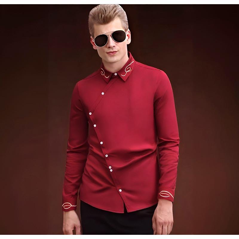 Heren Navy Blauw Diagonaal Knoop Dress Shirt, Gouden Borduurwerk Slim Fit Lange Mouw Shirt