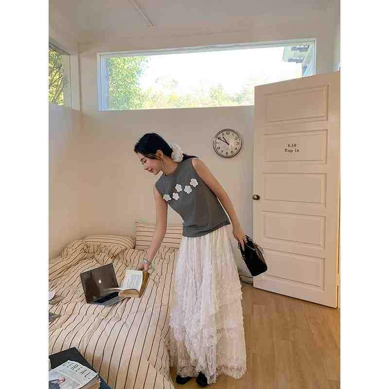 

Весна 2025 Женский цветочный серый вышитый топ-камезоль с полувысоким воротником и многослойным дизайном One Size