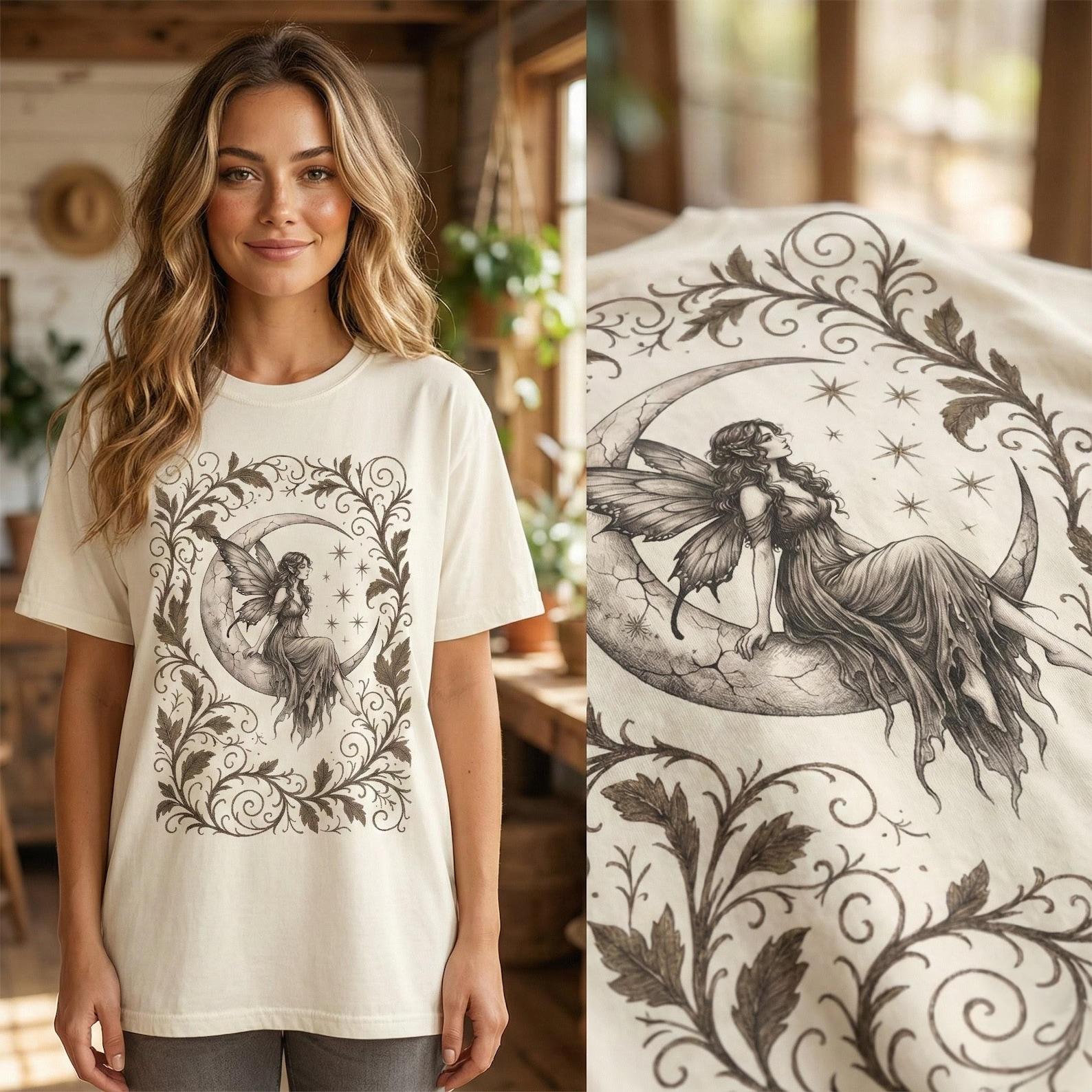 Whimsigoth Fairy Moon Tee – Gothic Witchy Crescent Moon Fairycore Shirt S