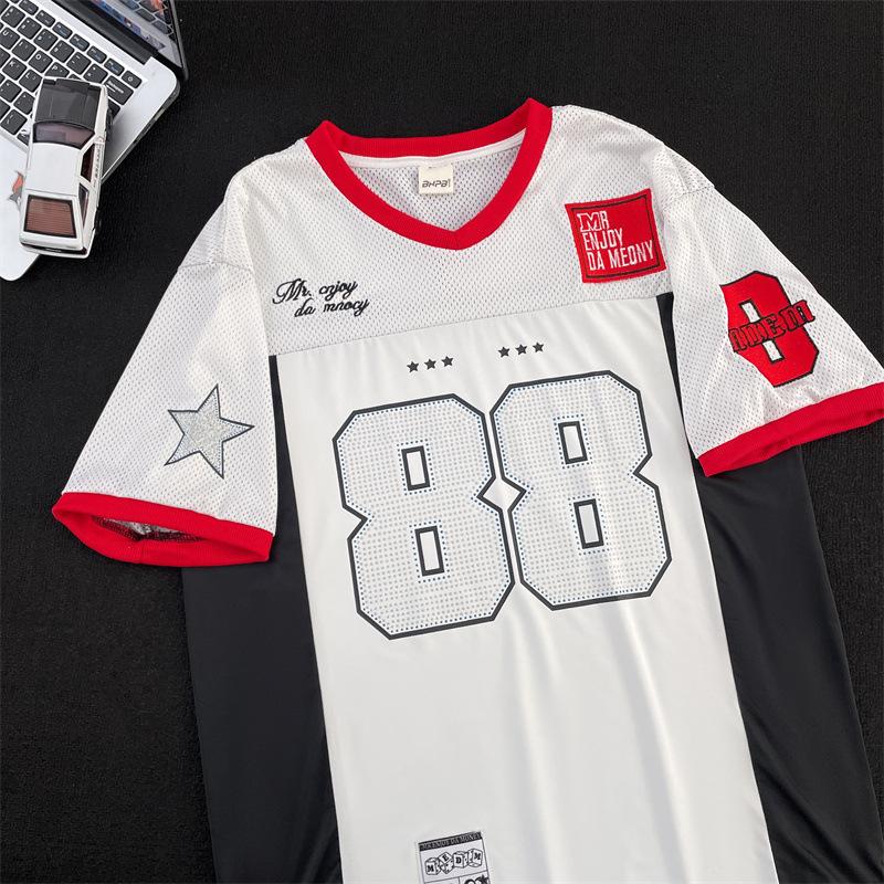 American street loose v-neck football No. 88 jersey women's short-sleeved T-shirt casual oversize versatile top ins