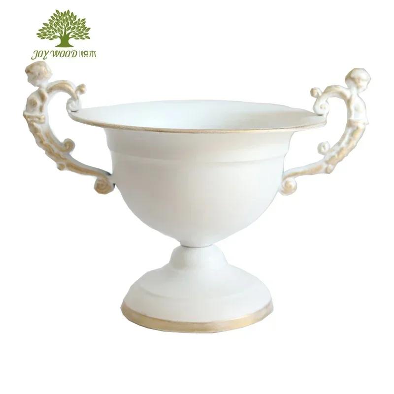 New Retro White Iron Flower Ware French Wedding Banquet Table Decoration Vase Golden Angel Handle Flower Arrangement FlowerPot