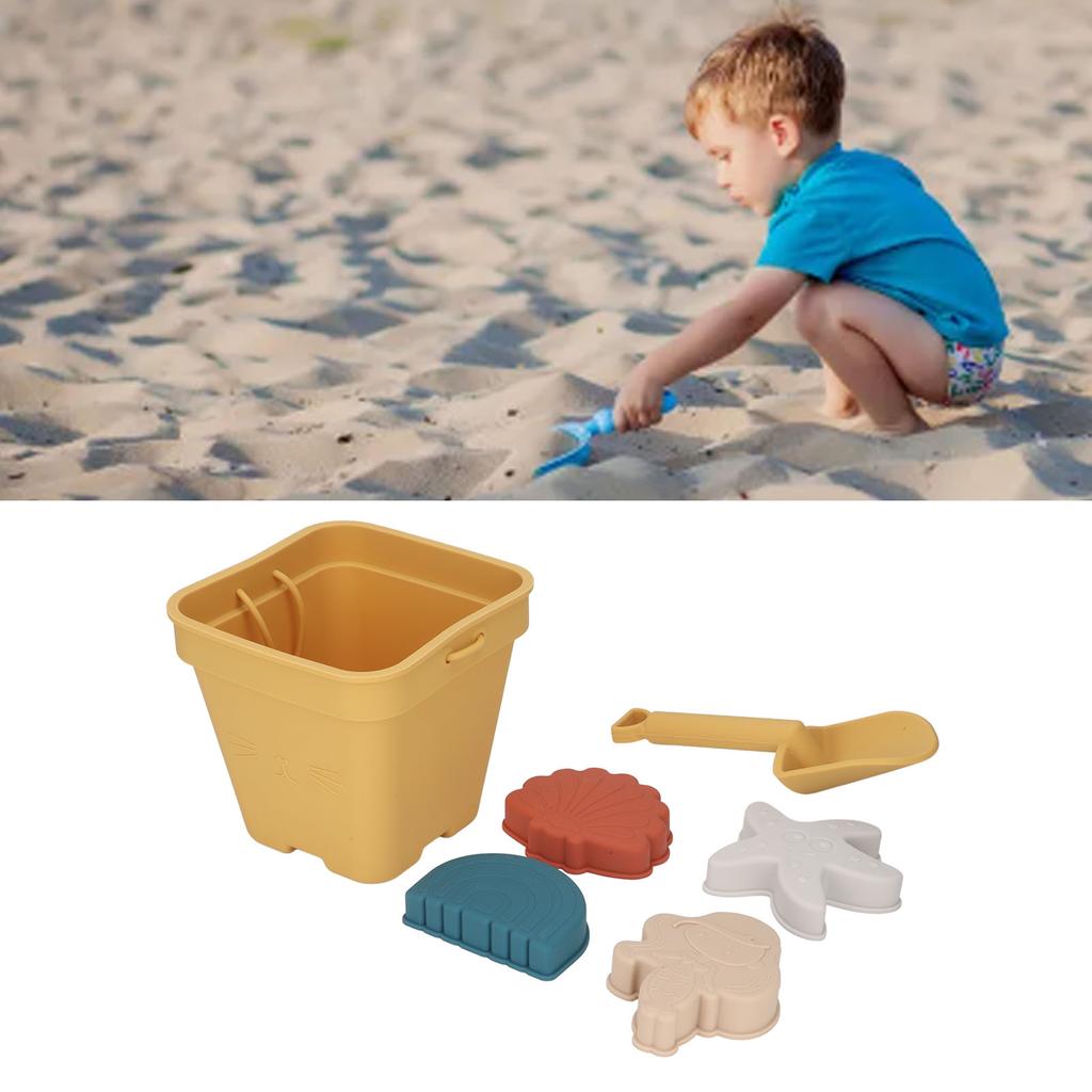 Travel Friendly Silicone Beach Toys Set with Bucket Shovel 4 Sand Moulds Sand Toys for Toddlers Kids