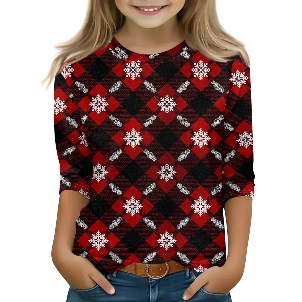 Christmas Day Print Tops For Youth Girls 4-11 Years Round Neck 3/4 Sleeves T-Shirts Trendy Tops Outfit Tees
