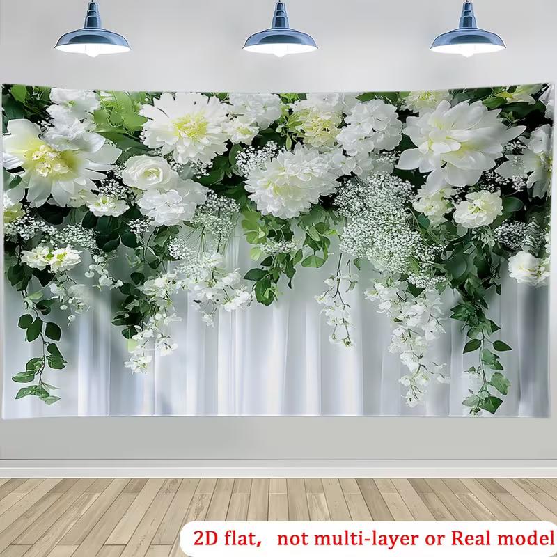

2D White Hydrangea & Green Leaves Backdrop Curtain Style Floral Background for Photoshoot 47.2x31.5inch/120*80cm