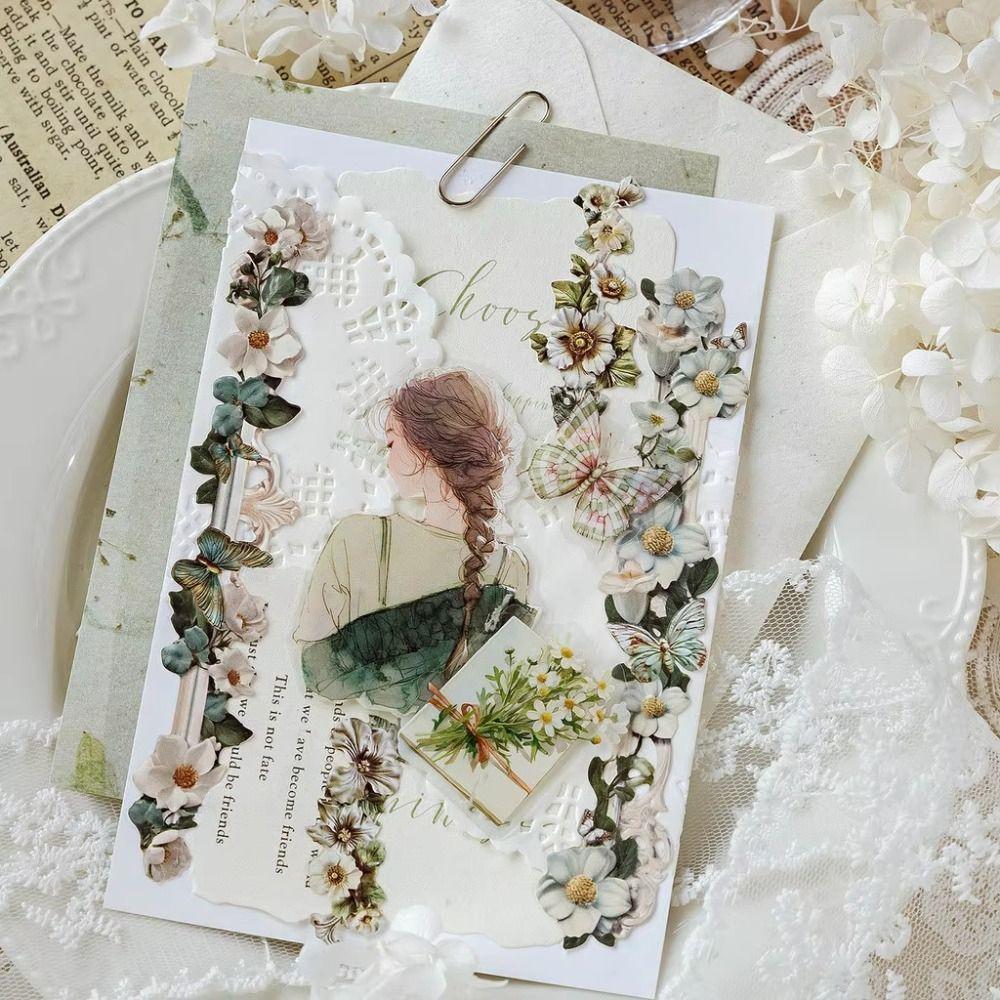 20PCS Colored Long Floral Stickers Paper Collage Stationery Decor Hollow Relief Craft Scrapbooking