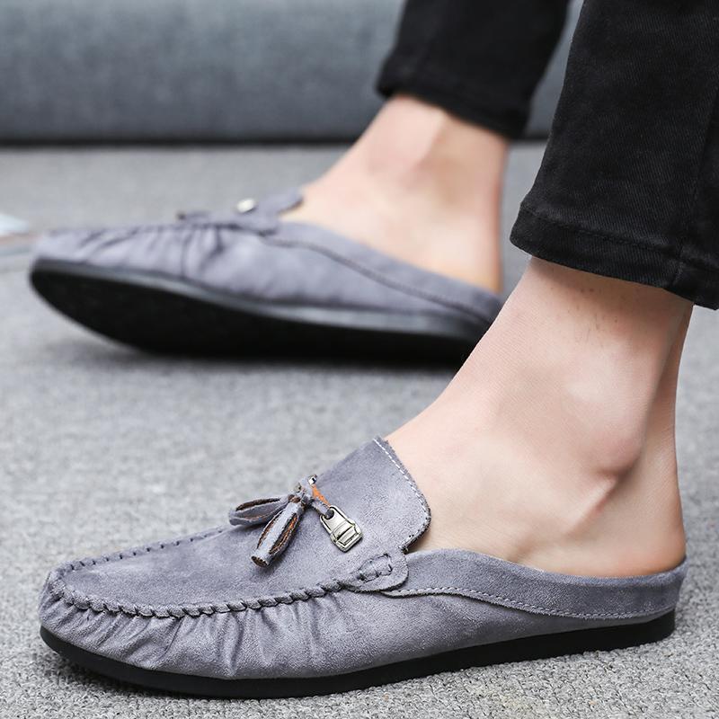 

Leather Mules Sandals 2025 Semi-Drag Moccasins Men Casual Shoes Man Slides Slip-On Tassel Loafers Slippers Half Shoes For Men 38