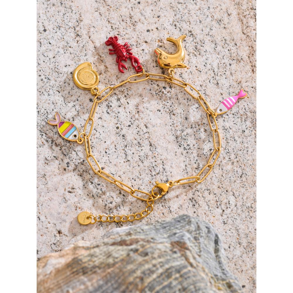 Eetit Ocean Style Enamel Fish Shell Lobster Drop Charm Bracelet Bangle for Women Summer Stainless Steel Arrivals Wrist Jewellery