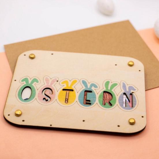 Wooden Easter Greeting Card Handmade OSTERN Rabbit Ear Colorful Egg Decoration Sign