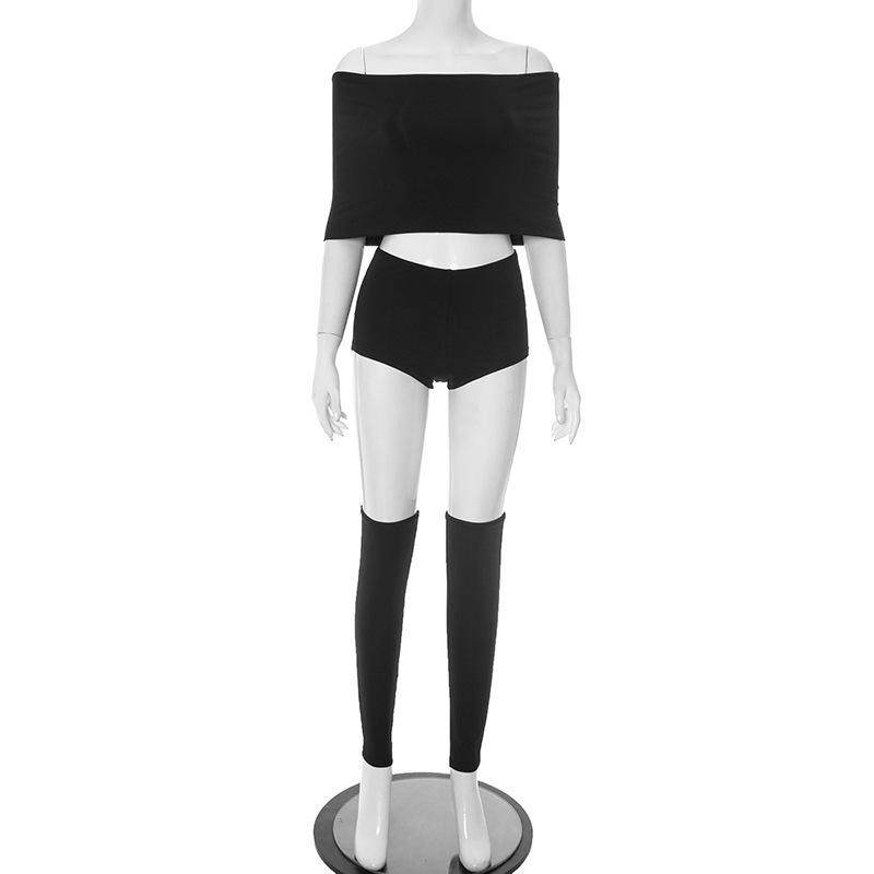 

Women s Three-Piece Set: Sexy One-Shoulder Lapel Top with Tight Super Short Shorts and Calf Socks XL