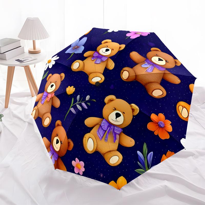 1pc Teddy Bear Floral Pattern Automatic Open/Close Umbrella, Compact Travel Umbrella, 8-Rib Sturdy Frame - Ideal Gift for Friends Yy251118037