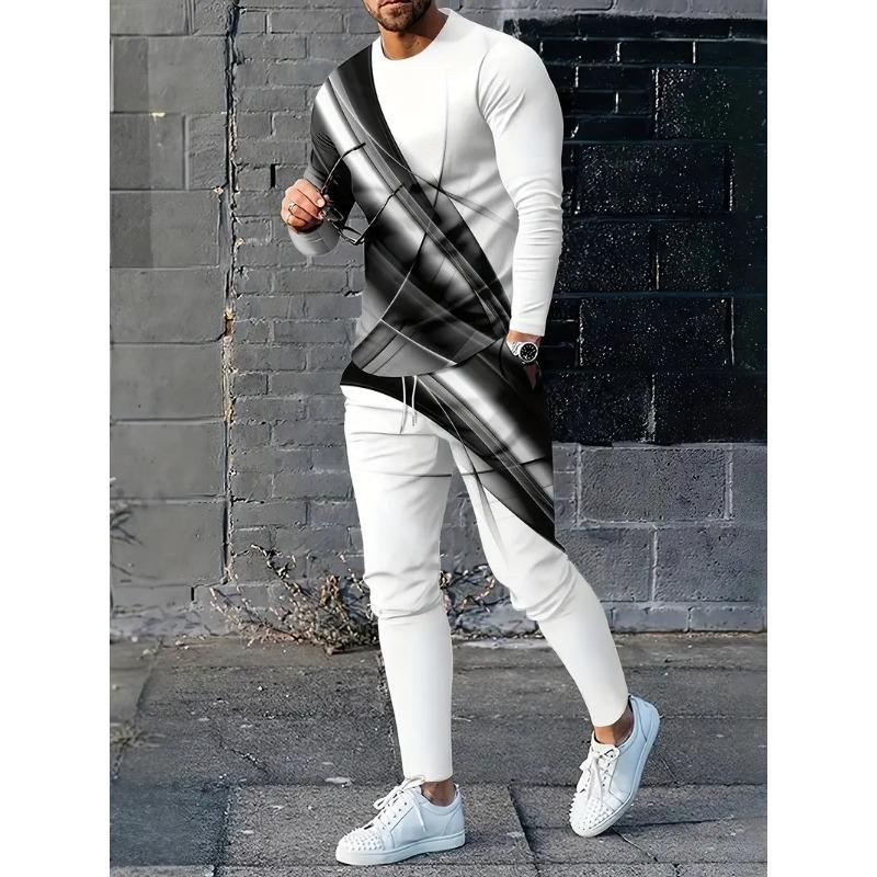 Set de costume casual din 2 piese pentru bărbați cu imprimeu geometric - Tricou elegant cu gât, pantaloni comozi cu șnur respirabili