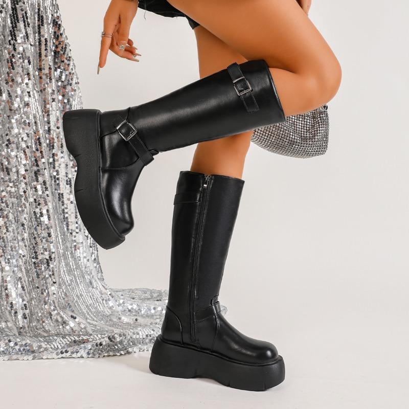 

Platform Tall Boots Winter New Round Toe Side Zipper Belt Buckle Anti-Slide Heel Boots 35 чёрный