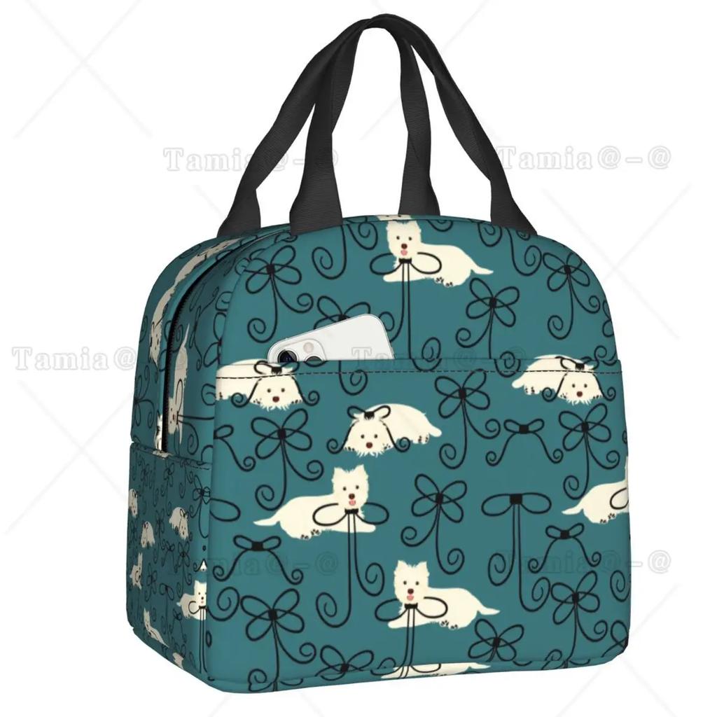 Westies Polka Dot Cartoon Pattern Insulated Lunch Bag Leakproof West Highland White Terrier Dog Thermal Cooler Lunch Tote Kids