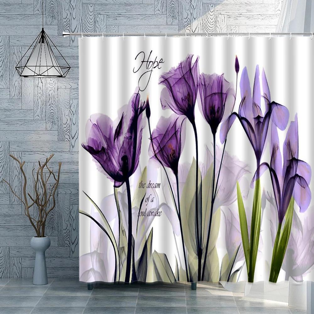 Flower Plant Shower Curtain Modern Simple Water Color Print Pattern Bathroom Curtains Polyester Fabric Home Bath Decor With Hook